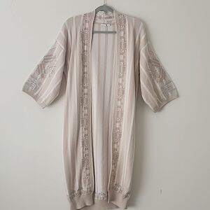 Gap Ivory Striped Kimono Duster Gold Silver Metalic Embroidered Cardigan Top M D